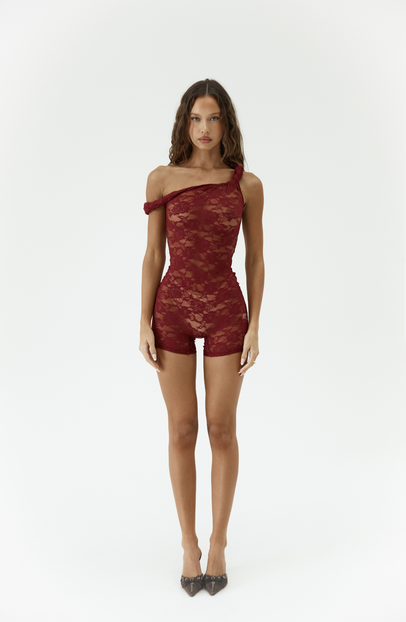 The Lace Poppy Romper in Cherry